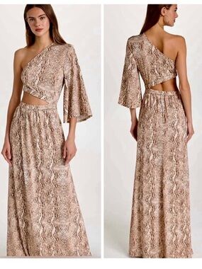 L’Agence Fontana One Shoulder Snakeskin Print Cut-Out Maxi Dress Size XS